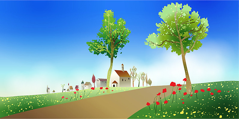 EPS 주간 나무 식물 해외풍경 사계절 계절 꽃 길 백그라운드 꽃밭 일러스트 자연 하늘 날씨 주택 풍경 사람없음 야외 여름 마을 맑음 언덕 국내일러스트 자연요소 해외 건물 생태계 파일형식 벡터