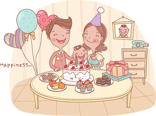 EPS 여자 남자 행복 일러스트 가족 엄마 선물 사람 성인 세명 파티 케이크 아기 생일파티 생일 아빠 풍선 백일 첫돌 국내일러스트 기념일 감정 관계 디저트 이벤트 파일형식 벡터