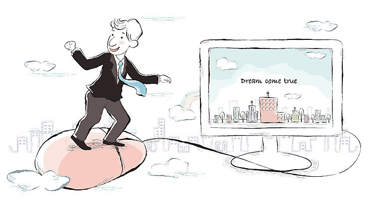 EPS 전신 구름 남자 일러스트 회사 비즈니스 성공 한명 사람 20대 성인 30대 비즈니스라이프 컴퓨터 모니터 꿈 마우스 비즈니스맨 목표 실현 남자만 남자한명만 성인남자만 성인만 국내일러스트 자연요소 1 라이프스타일 컨셉 청년 장년 전자제품 컴퓨터용품 직장인 파일형식 벡터