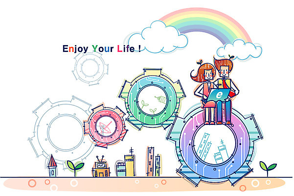 EPS 구름 여자 남자 산업 무지개 일러스트 비즈니스 정보통신 첨단산업 사람 두명 건물 노트북 새싹 톱니바퀴 하이테크 국내일러스트 자연요소 식물 건축물 통신 기술 전자제품 정보 파일형식 벡터