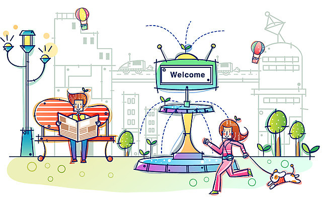 EPS 공공시설 여자 남자 산업 가로등 벤치 일러스트 비즈니스 첨단산업 사람 야외 두명 조깅 모니터 열기구 분수대 하이테크 첨단도시 국내일러스트 의자 항공교통 기술 컴퓨터 운동 도시 시설 파일형식 벡터