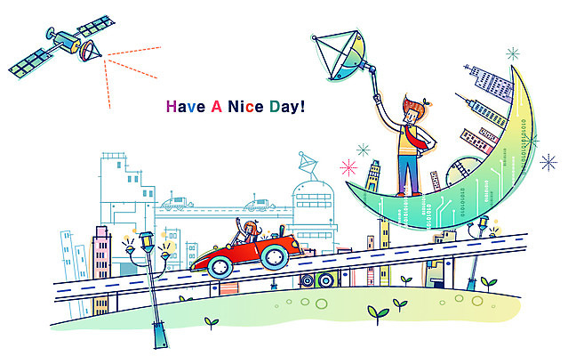 EPS 여자 남자 산업 도로 일러스트 비즈니스 교통시설 첨단산업 사람 야외 두명 인공위성 초승달 하이테크 첨단도시 국내일러스트 길 교통 통신 기술 달 도시 시설 파일형식 벡터