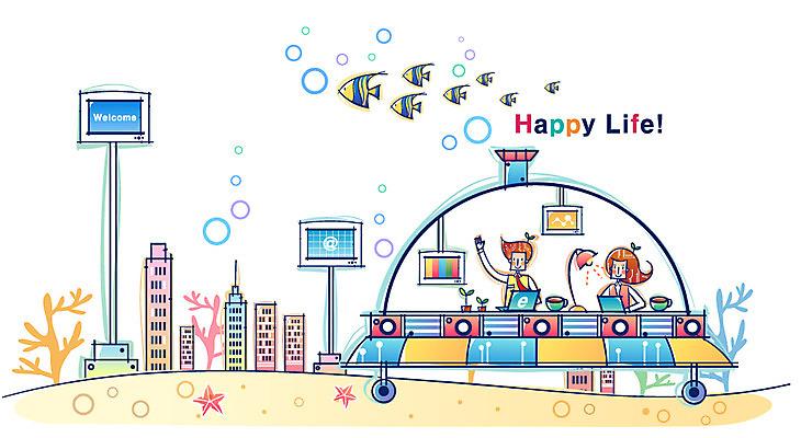 EPS 여자 남자 산업 일러스트 비즈니스 첨단산업 어류 사람 두명 모니터 해저 도시 산호초 우주선 하이테크 첨단도시 국내일러스트 기술 컴퓨터 우주 바닷속 수중동물 수중식물 파일형식 벡터