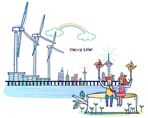 EPS 나무 여자 남자 산업 일러스트 비즈니스 첨단산업 사람 야외 두명 바람개비 하이테크 풍력발전소 첨단도시 국내일러스트 식물 기술 발전소 도시 풍력에너지 파일형식 벡터