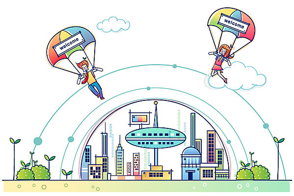 EPS 여자 남자 산업 일러스트 비즈니스 첨단산업 사람 야외 두명 하이테크 낙하산 첨단도시 국내일러스트 기술 도시 파일형식 벡터