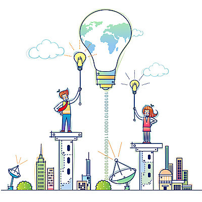 EPS 여자 남자 산업 일러스트 비즈니스 전구 첨단산업 안테나 사람 야외 두명 하이테크 첨단도시 국내일러스트 통신 기술 도시 파일형식 벡터