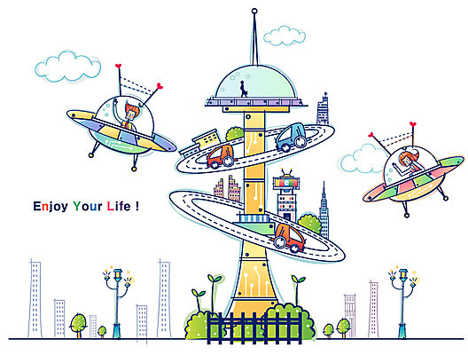 EPS 공공시설 여자 남자 산업 가로등 일러스트 비즈니스 자동차 첨단산업 사람 야외 두명 건물 우주선 하이테크 첨단도시 국내일러스트 건축물 육상교통 기술 우주 도시 시설 파일형식 벡터