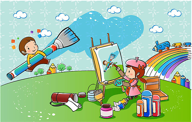 EPS 주간 구름 학생 여자 어린이교육 교육 남자 어린이 무지개 일러스트 상상 미술 사람 야외 두명 연필 스쿨라이프 물감 붓 그림 크레파스 화가 어린이만 국내일러스트 자연요소 직업 라이프스타일 학교 문화예술 학용품 필기구 미술도구 파일형식 벡터