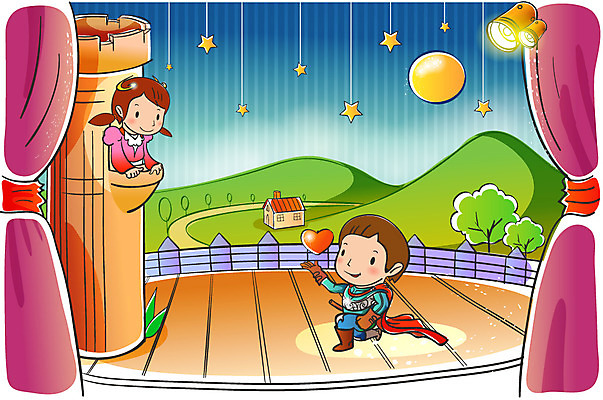 EPS 학생 여자 어린이교육 교육 남자 어린이 일러스트 조명 실내 사람 두명 스쿨라이프 공연 무대 커튼 연극 어린이만 국내일러스트 라이프스타일 학교 문화예술 이벤트 내부 파일형식 벡터