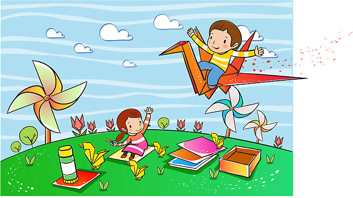 EPS 주간 구름 학생 여자 어린이교육 교육 남자 어린이 일러스트 상상 놀이 병아리 미술 사람 초원 야외 두명 스쿨라이프 바람개비 종이접기 색종이 종이학 어린이만 국내일러스트 자연요소 라이프스타일 종이 학교 조류 문화예술 접기 파일형식 벡터