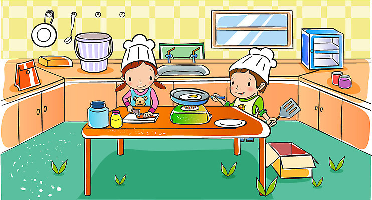 EPS 여자 어린이교육 교육 남자 어린이 가사 일러스트 실내 요리 사람 두명 스쿨라이프 주방 체험학습 프라이팬 버너 싱크대 어린이만 국내일러스트 라이프스타일 학교 주방용품 내부 체험 개수대 파일형식 벡터