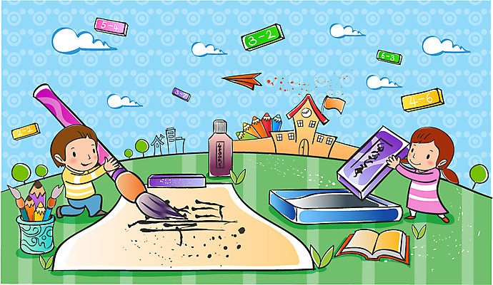 EPS 주간 구름 학생 여자 어린이교육 교육 남자 어린이 일러스트 학교 서예 사람 야외 두명 책 스쿨라이프 한자 붓 먹 벼루 어린이만 국내일러스트 자연요소 문자 한국전통 라이프스타일 파일형식 벡터