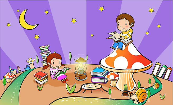 EPS 학생 여자 어린이교육 교육 남자 별 어린이 일러스트 사람 야외 두명 책 독서 스쿨라이프 버섯 달 램프 야간 달팽이 어린이만 국내일러스트 자연요소 라이프스타일 학교 조명 연체동물 파일형식 벡터