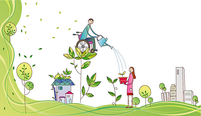 EPS 나무 여자 남자 화분 일러스트 주택 사랑 사람 20대 두명 건물 30대 새싹 장애인 사회이슈 사회복지 휠체어 성인만 국내일러스트 식물 건축물 감정 컨셉 청년 장년 복지 장애 파일형식 벡터