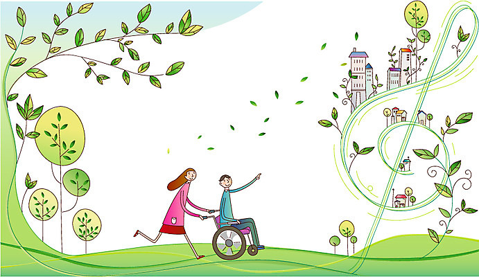 EPS 여자 남자 일러스트 주택 사람 20대 두명 건물 30대 봉사 높은음자리표 장애인 사회이슈 사회복지 휠체어 성인만 국내일러스트 건축물 컨셉 음표 청년 장년 도움 복지 장애 파일형식 벡터