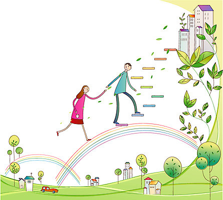EPS 나무 여자 남자 무지개 일러스트 자동차 주택 함께함 사람 20대 야외 두명 건물 30대 계단 사회이슈 사회복지 더불어사는사회 성인만 국내일러스트 자연요소 식물 건축물 육상교통 컨셉 청년 장년 복지 파일형식 벡터