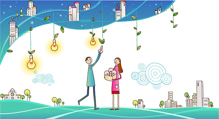 EPS 구름 여자 남자 일러스트 전구 나뭇잎 주택 사람 20대 두명 건물 30대 빛 희망 사회이슈 사회복지 성인만 국내일러스트 자연요소 건축물 감정 컨셉 잎 청년 장년 복지 파일형식 벡터