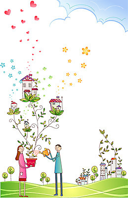 EPS 나무 여자 남자 화분 일러스트 주택 사람 20대 야외 두명 건물 30대 물뿌리개 하트 사회이슈 사회복지 주택정책 지원 성인만 국내일러스트 모양 식물 건축물 컨셉 청년 장년 복지 정책 파일형식 벡터