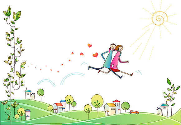 EPS 주간 여자 남자 일러스트 협력 나뭇잎 주택 사람 20대 야외 두명 건물 30대 태양 마을 하트 도움 사회이슈 사회복지 공존 성인만 국내일러스트 자연요소 모양 건축물 컨셉 잎 청년 장년 복지 파일형식 벡터