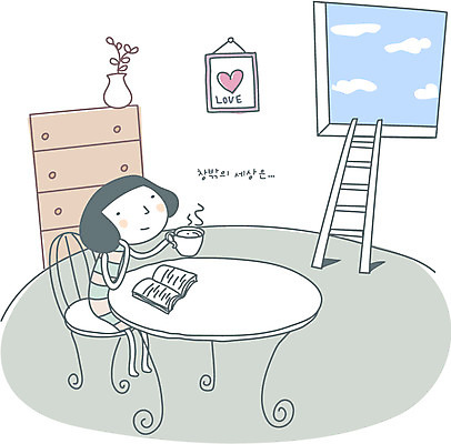 EPS 여자 여유 커피 가구 액자 의자 일러스트 사다리 창문 상상 탁자 실내 사랑 한명 사람 20대 성인 10대 독서 꿈 커피잔 찻잔 서랍장 심플 사색 여자만 여자한명만 국내일러스트 1 감정 음료 생활용품 생각 청소년 잔 청년 내부 도구 파일형식 벡터