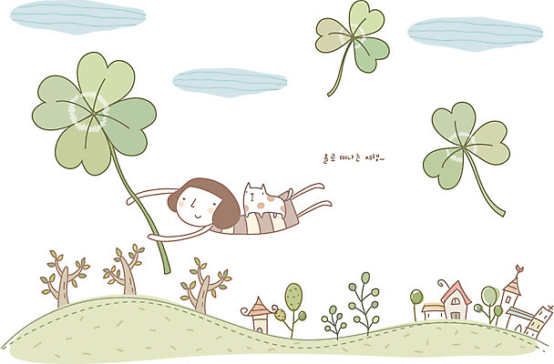 EPS 나무 구름 여자 여행 일러스트 상상 사랑 한명 사람 20대 성인 야외 10대 마을 고양이 봄 꿈 비행 네잎클로버 클로버 심플 세잎클로버 여자만 여자한명만 국내일러스트 자연요소 식물 1 계절 감정 포유류 청소년 청년 반려동물 파일형식 벡터