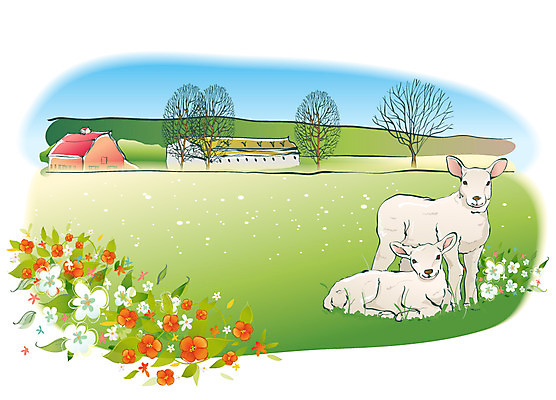 EPS 주간 나무 해외풍경 사계절 계절 꽃 백그라운드 일러스트 자연 주택 풍경 사람없음 야외 마을 봄 양 봄배경 국내일러스트 자연요소 식물 해외 포유류 건물 생태계 파일형식 벡터