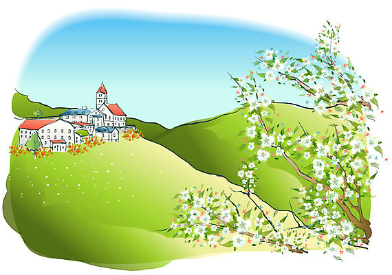 EPS 주간 나무 해외풍경 사계절 계절 꽃 백그라운드 일러스트 자연 주택 풍경 사람없음 야외 마을 봄 언덕 봄배경 국내일러스트 자연요소 식물 해외 건물 생태계 파일형식 벡터