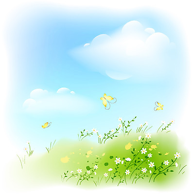 EPS 주간 구름 사계절 계절 꽃 나비 곤충 백그라운드 절지류 일러스트 자연 하늘 풍경 초원 사람없음 야외 봄 들꽃 절기 청명 봄배경 국내일러스트 자연요소 식물 동물 생태계 파일형식 벡터