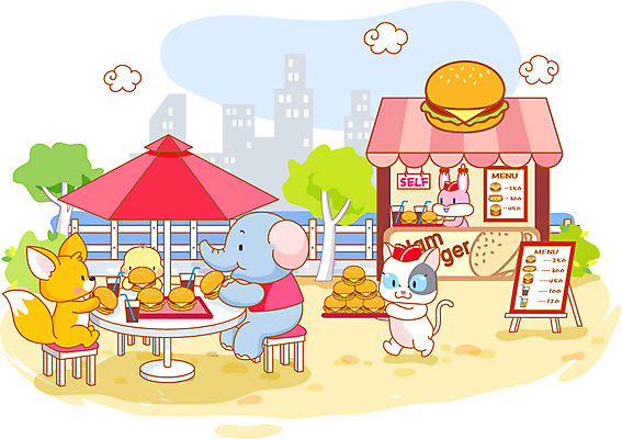 EPS 주간 나무 동물 구름 척추동물 라이프스타일 육지동물 공원 공공시설 음료 음식 의자 일러스트 포유류 상상 코끼리 패스트푸드 의인화 병아리 빌딩 사람없음 야외 라이프 생활 여름 친구 울타리 귀여움 마을 상점 맑음 식사 고양이 봄 햄버거 토끼 도시 파라솔 먹기 종업원 토끼캐릭터 콜라 메뉴판 여우 서빙 외식 사막여우 동물라이프 국내일러스트 자연요소 식물 직업 계절 동물캐릭터 가구 컨셉 관계 모션 조류 날씨 건물 담장 반려동물 인스턴트 시설 탄산음료 파일형식 벡터