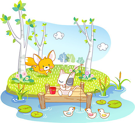 주간 나무 식물 동물 구름 척추동물 라이프스타일 육지동물 꽃 호수 일러스트 포유류 상상 낚시 날씨 오리 의인화 풍경 취미 사람없음 야외 라이프 생활 귀여움 맑음 고양이 연못 낚싯대 강가 양동이 여우 낚시터 사막여우 동물라이프 국내일러스트 자연요소 컨셉 조류 레저 반려동물 강 낚시용품