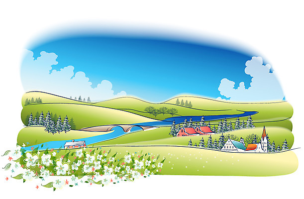 EPS 주간 나무 구름 해외풍경 건축물 사계절 계절 꽃 백그라운드 일러스트 자연 하늘 산 주택 풍경 초원 사람없음 야외 건물 여름 강 마을 개울 언덕 국내일러스트 자연요소 식물 해외 건축 생태계 파일형식 벡터