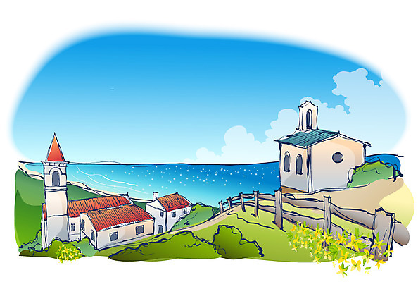 EPS 주간 구름 해외풍경 건축물 사계절 계절 바다 백그라운드 일러스트 자연 하늘 주택 풍경 해변 사람없음 야외 건물 여름 울타리 성당 교회 마을 수면 국내일러스트 자연요소 해외 건축 종교건축 물 담장 생태계 파일형식 벡터