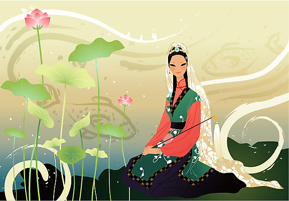 EPS 전신 모델 해외 여자 아시아 외국문화 포즈 일러스트 중국문화 연꽃 한명 사람 이벤트 20대 성인 30대 청춘 중국인 깨끗함 중국 전통의상 치파오 미인 국내일러스트 외국인 1 동양문화 전통 꽃 나라 문화 컨셉 동양인 청년 장년 파일형식 벡터