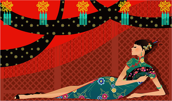 EPS 전신 모델 해외 여자 아시아 외국문화 포즈 일러스트 중국문화 한명 사람 이벤트 20대 성인 30대 청춘 중국인 깨끗함 중국 부채 전통의상 치파오 미인 국내일러스트 외국인 1 동양문화 전통 나라 문화 컨셉 동양인 청년 장년 파일형식 벡터