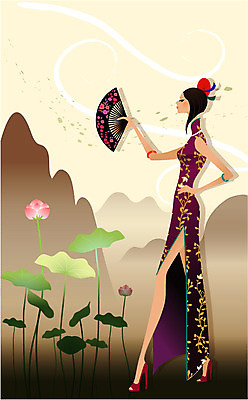 EPS 전신 모델 해외 여자 아시아 외국문화 포즈 일러스트 산 중국문화 연꽃 한명 사람 이벤트 20대 성인 야외 30대 청춘 중국인 깨끗함 중국 부채 전통의상 치파오 미인 국내일러스트 외국인 1 동양문화 전통 꽃 나라 문화 컨셉 동양인 청년 장년 파일형식 벡터