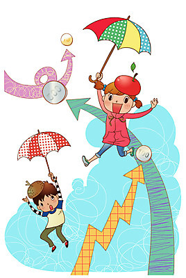 EPS 여자 남자 화살표 초등학생 어린이 돈 일러스트 우산 비즈니스 사람 소녀 소년 두명 경제 동전 상승 어린이경제 수익 어린이만 국내일러스트 학생 컨셉 재산 파일형식 벡터