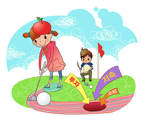 EPS 주간 여자 남자 초등학생 어린이 골프 일러스트 비즈니스 골프장 사람 소녀 소년 야외 두명 경제 골프채 깃발 어린이경제 수익 수익률 어린이만 국내일러스트 자연요소 학생 스포츠시설 골프용품 구기 파일형식 벡터