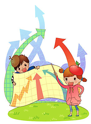 EPS 여자 남자 화살표 초등학생 어린이 일러스트 비즈니스 사람 소녀 소년 두명 경제 상승 어린이경제 지시봉 수익 수익률 어린이만 국내일러스트 학생 컨셉 파일형식 벡터