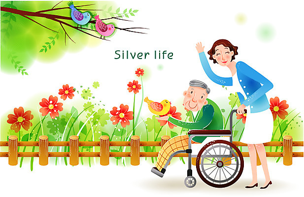 EPS 주간 전신 나무 여자 할아버지 노년 남자 꽃 행복 꽃밭 일러스트 조류 사람 야외 두명 실버라이프 울타리 산책 간호사 실버 편안함 간호 사회복지 즐거움 휠체어 노인복지 요양원 요양보호사 노인만 성인만 안락 국내일러스트 자연요소 식물 동물 직업 라이프스타일 감정 컨셉 휴식 성인 담장 의료진 감각 복지 파일형식 벡터