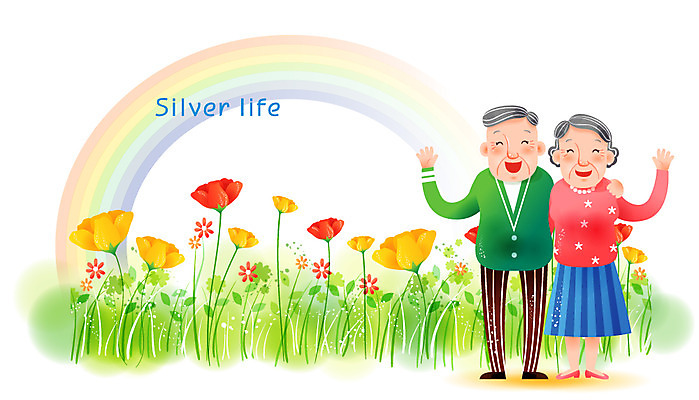 EPS 주간 전신 부부 커플 여자 노년 남자 꽃 행복 무지개 꽃밭 일러스트 사람 야외 두명 실버라이프 노부부 실버 편안함 사회복지 즐거움 노인복지 요양원 실버타운 노인만 성인만 안락 국내일러스트 자연요소 식물 라이프스타일 감정 컨셉 관계 성인 감각 복지 파일형식 벡터