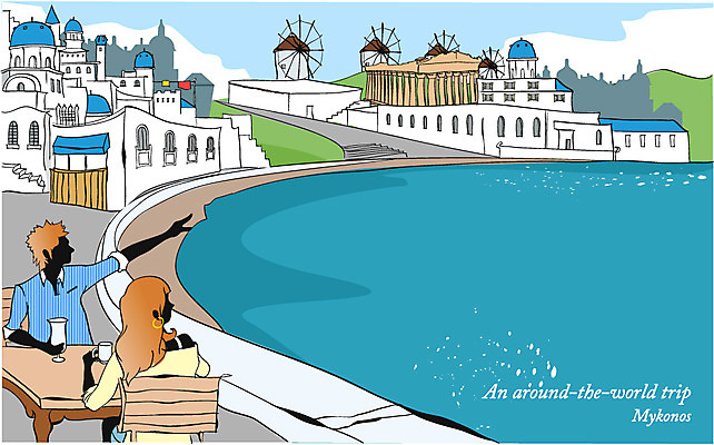 EPS 주간 커플 공공시설 여자 남자 바다 여행 의자 일러스트 탁자 휴가 휴식 사람 야외 두명 건물 풍차 도시 세계여행 차 그리스 카페테리아 미코노스섬 국내일러스트 자연요소 건축물 유럽 음료 섬 가구 컨셉 관계 세계 시설 파일형식 벡터