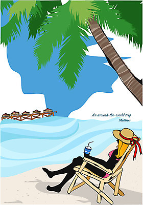 EPS 주간 모자 여자 남자 수영복 음료 바다 여행 일러스트 리조트 휴가 휴식 한명 사람 20대 성인 해변 야외 여름휴가 바캉스 야자수 세계여행 휴양지 선베드 몰디브 청년만 성인만 국내일러스트 자연요소 나무 1 잡화 옷 아시아 컨셉 의자 청년 세계 장소 파일형식 벡터 여름_계절