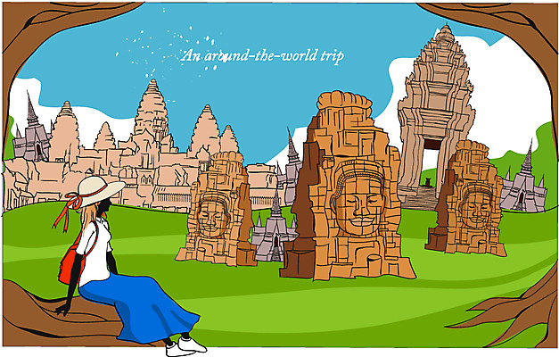 EPS 주간 모자 건축물 여자 건축 여행 가방 일러스트 휴가 휴식 한명 사람 20대 성인 야외 세계문화유산 세계여행 캄보디아 앙코르와트 여자만 여자한명만 성인여자만 청년만 청년여자만 성인한명만 청년여자한명만 성인여자한명만 성인만 국내일러스트 자연요소 1 잡화 아시아 컨셉 청년 세계 문화재 파일형식 벡터