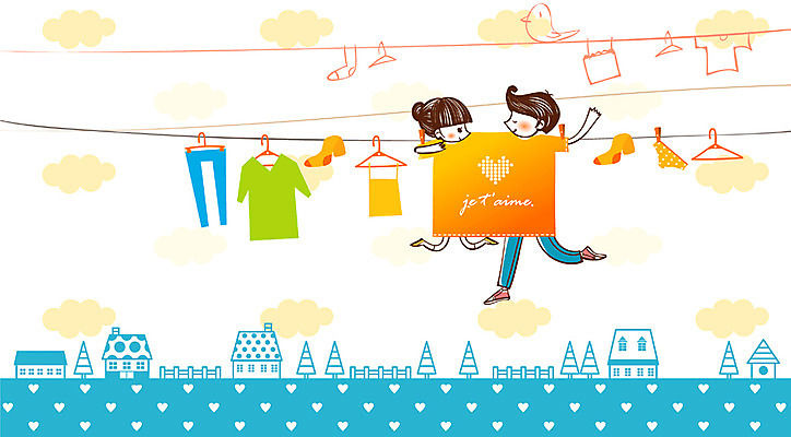 EPS 나무 커플 여자 남자 감정 데이트 일러스트 주택 사랑 사람 야외 두명 마주보기 빨래 빨랫줄 옷걸이 커플티 국내일러스트 식물 줄 가사 관계 모션 건물 커플룩 파일형식 벡터