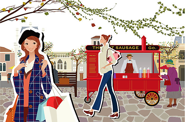 EPS 모델 우먼라이프 계절 여자 패션 남자 포즈 벤치 일러스트 거리 사람 풍경 20대 야외 두명 쇼핑 쇼핑백 유행 상점 가을 도시 외출 개성 미니상점 국내일러스트 라이프스타일 의자 가방 청년 파일형식 벡터