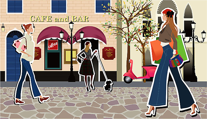 EPS 모델 우먼라이프 계절 여자 패션 길 일러스트 거리 사람 야외 세명 쇼핑 유행 카페 오토바이 가을 도시 외출 개성 국내일러스트 라이프스타일 상점 바이크 파일형식 벡터