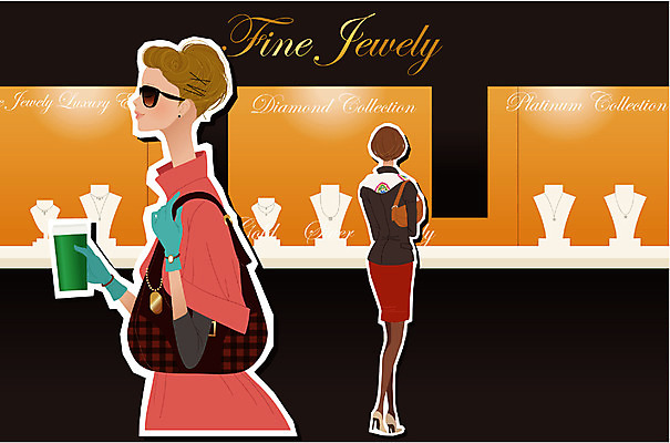 EPS 모델 우먼라이프 계절 여자 패션 포즈 백그라운드 일러스트 사람 두명 쇼핑 유행 상점 가을 고급 쇼윈도 개성 명품샵 윈도우쇼핑 가을배경 국내일러스트 라이프스타일 컨셉 전시 파일형식 벡터 가을_계절