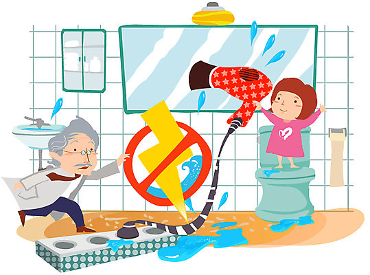 EPS 여자 할아버지 노년 남자 어린이 일러스트 주택 실내 경고 안전 사람 소녀 두명 거울 욕실 위험 드라이어 사회이슈 화장실 예방 생활안전 감전 감전사고 멀티탭 전기감전 국내일러스트 컨셉 성인 내부 건물 미용용품 사건 안전수칙 파일형식 벡터