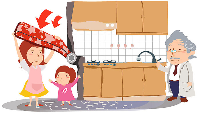 EPS 여자 할아버지 노년 남자 딸 어린이 일러스트 가족 엄마 실내 경고 안전 사람 세명 주방 위험 싱크대 예방 잠금 가스 밸브 사고예방 국내일러스트 컨셉 관계 성인 내부 개수대 보안 파일형식 벡터