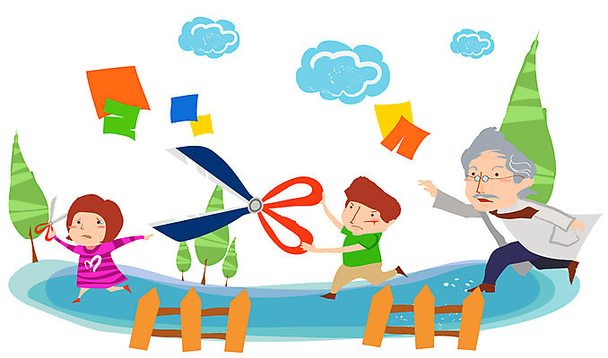 EPS 주간 나무 구름 여자 할아버지 노년 남자 종이 어린이 일러스트 장난 놀이 가위 경고 안전 사람 소녀 소년 야외 세명 친구 울타리 위험 사회이슈 예방 생활안전 안전사고 색종이 가위질 국내일러스트 자연요소 식물 컨셉 관계 문구용품 가위_도구 성인 담장 사건 안전수칙 파일형식 벡터